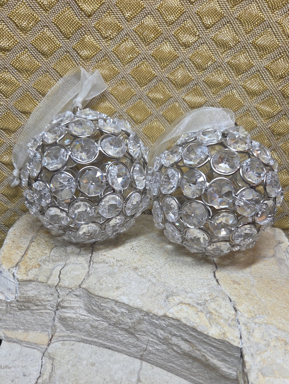 Crystal Beaded Ornament Pair - Clear Silver Accent